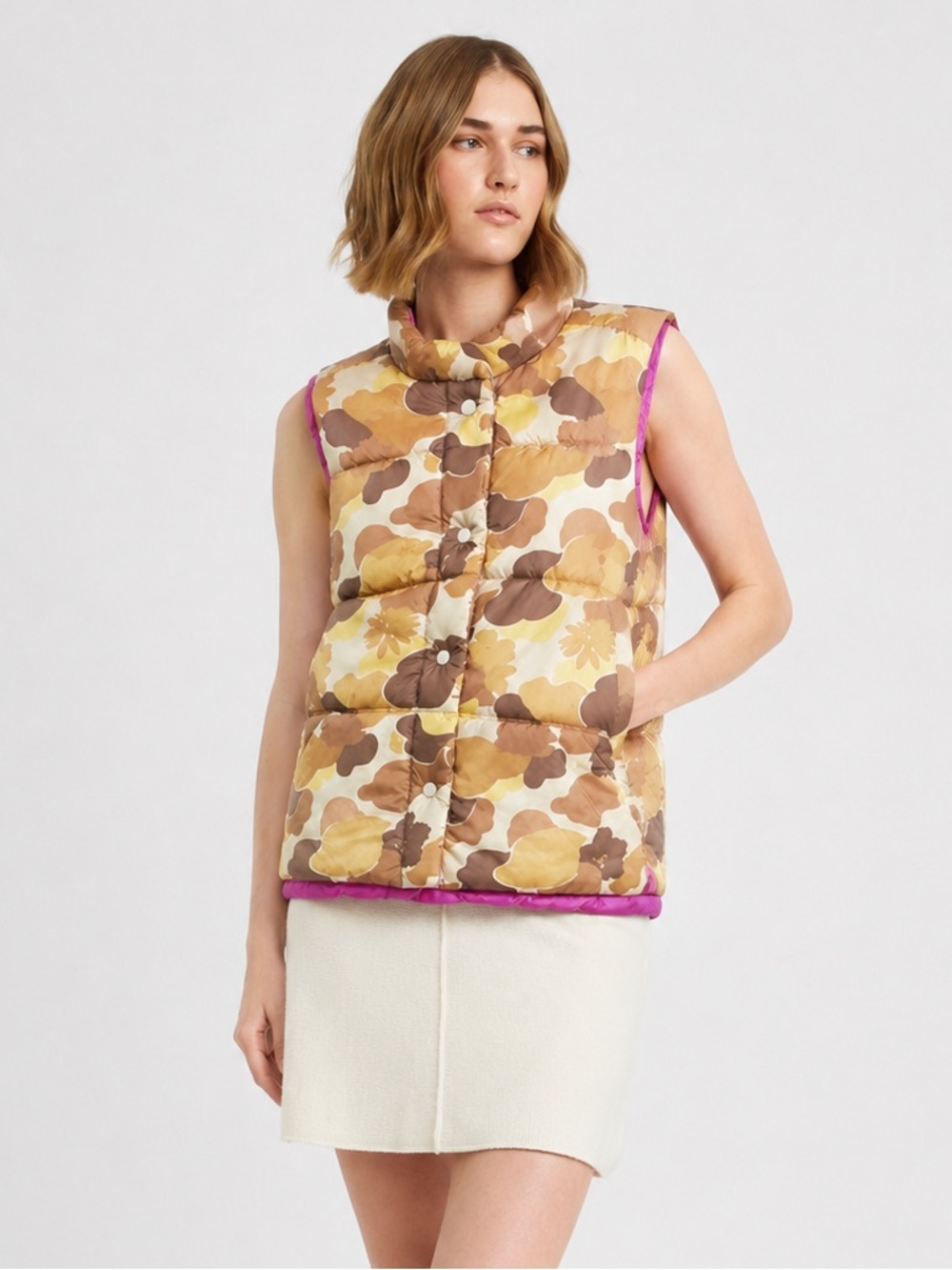 Free Assembly Floral Camouflage Quilted Puffer Vest in Brown with Pink Lining